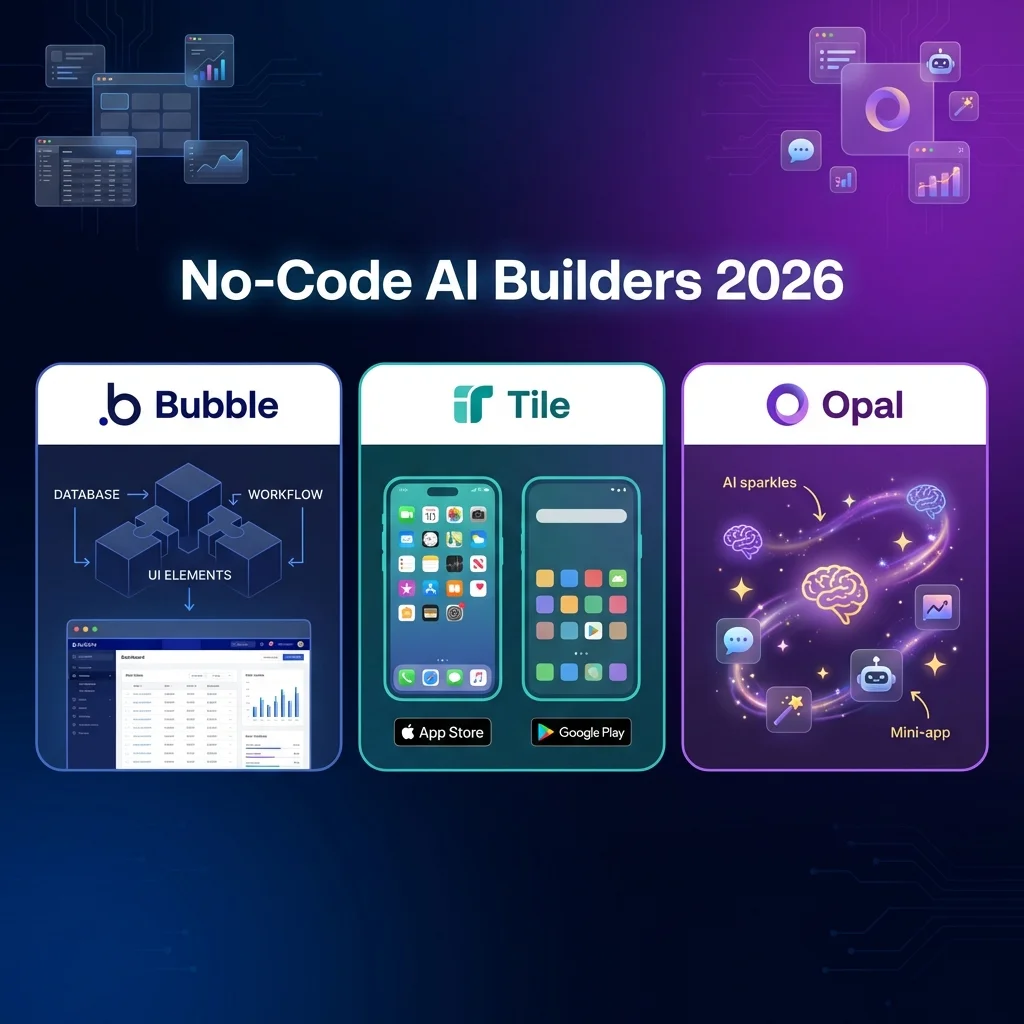 Best No-Code AI App Builders Compared (2026): Bubble vs Tile vs Opal